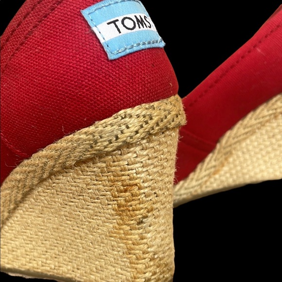 Toms Twill Classic Wedge Sandals Womens 6.5 Red Peep Toe Twine 3" Heel Shoes - Picture 6 of 12